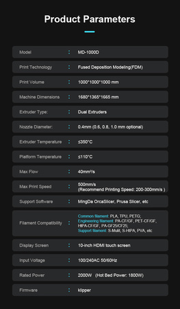 Drukarka 3D Mingda MD-1000D – przemysłowa 1000x1000x1000 mm, dual ekstruder, ultraszybka | 3dmove.pl